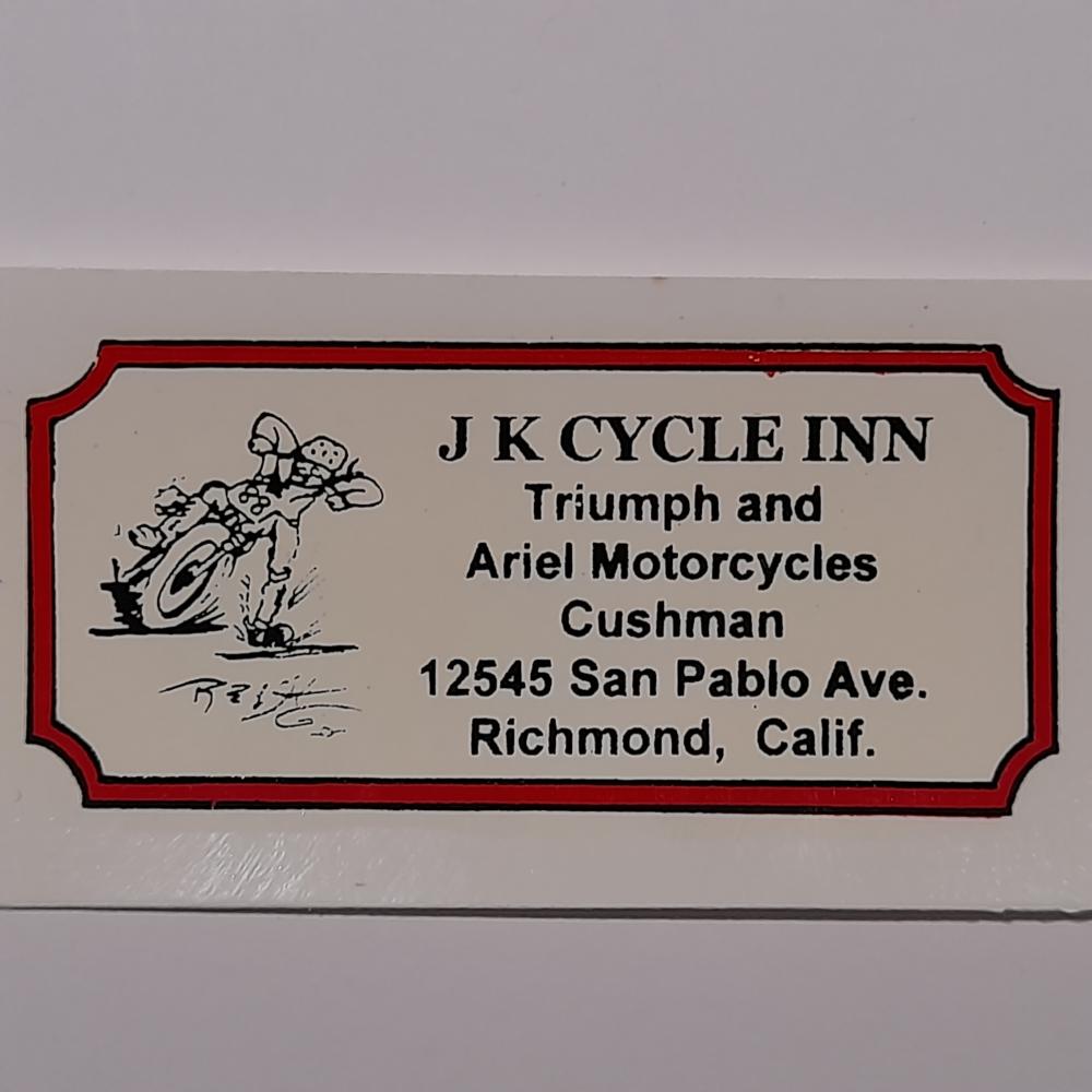 Motorcycle, waterslide transfer, dealer decals, JK Cycle Inn, Richmond California 