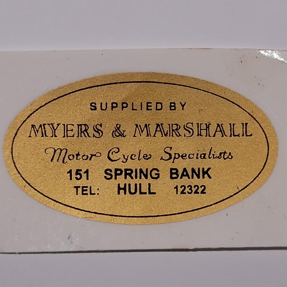Motorcycle, waterslide transfer, dealer decals, Myers & Marshall Hull