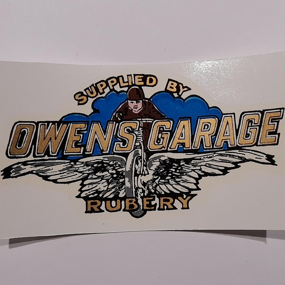 motorcycle, waterslide transfer, dealer decals, Owens Garage, Rubery
