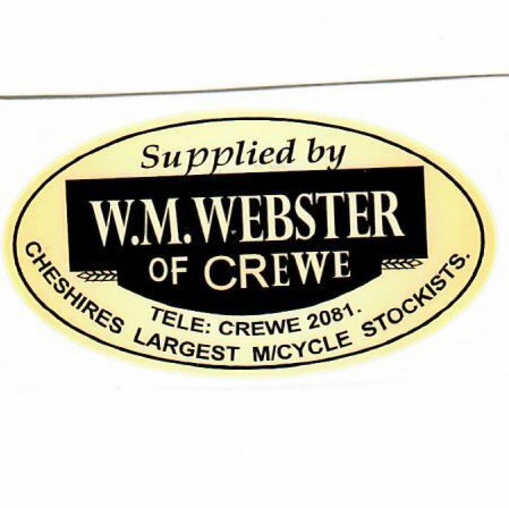 Motorcycle, waterslide transfer, dealer decals, W. M. Webster of Crewe
