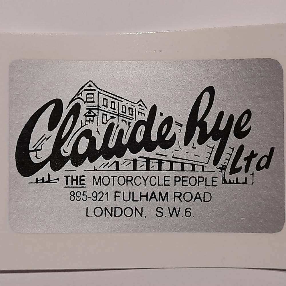 Motorcycle, waterslide transfer, dealer decals, Claude Rye Ltd,Fulham Rd, London 