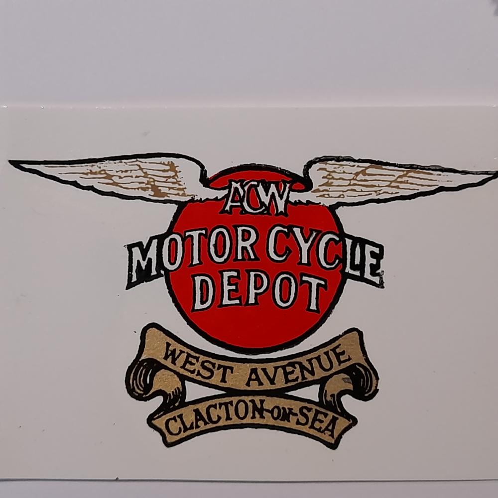 Motorcycle, waterslide transfer, dealer decals, ACW Motorcycle Depot, Clacton on Sea 