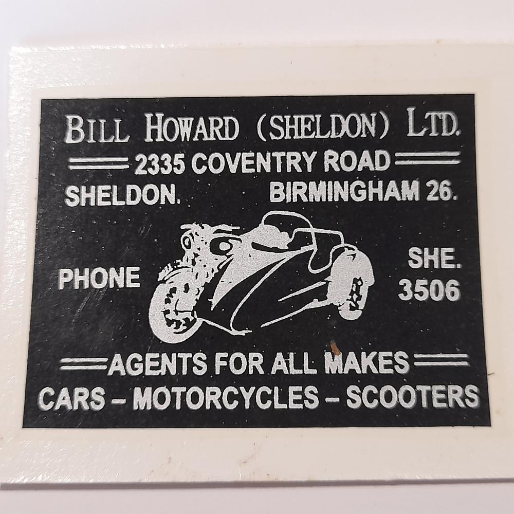 Motorcycle, waterslide transfer, dealer decals,Bill Howard (Sheldon Ltd) Birmingham 