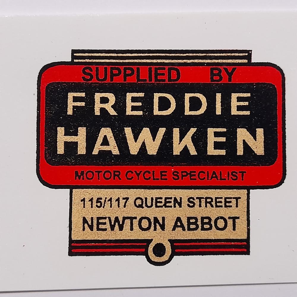 motorcycle, waterslide transfer, dealer decals, Freddie Hawken, Newton Abbot