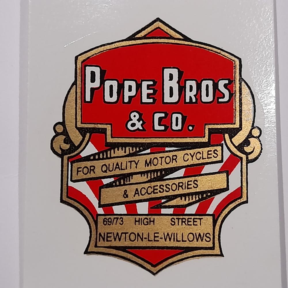 Motorcycle, waterslide transfer, dealer decals, Pope Bros & Co Newton Le Willow 