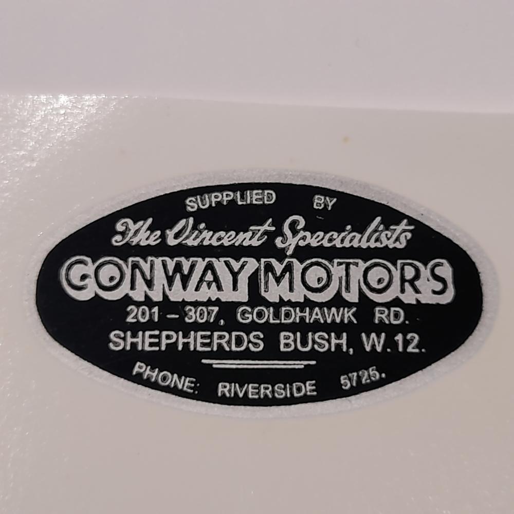 Motorcycle, waterslide transfer, dealer decals, Conway motors Shepherds Bush London 