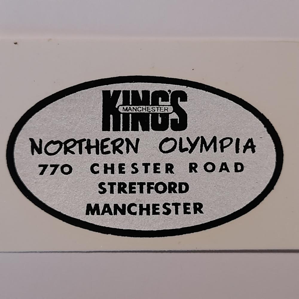 Motorcycle, waterslide transfer, dealer decals, Kings Northern Olympia, Stretford, Manchester 