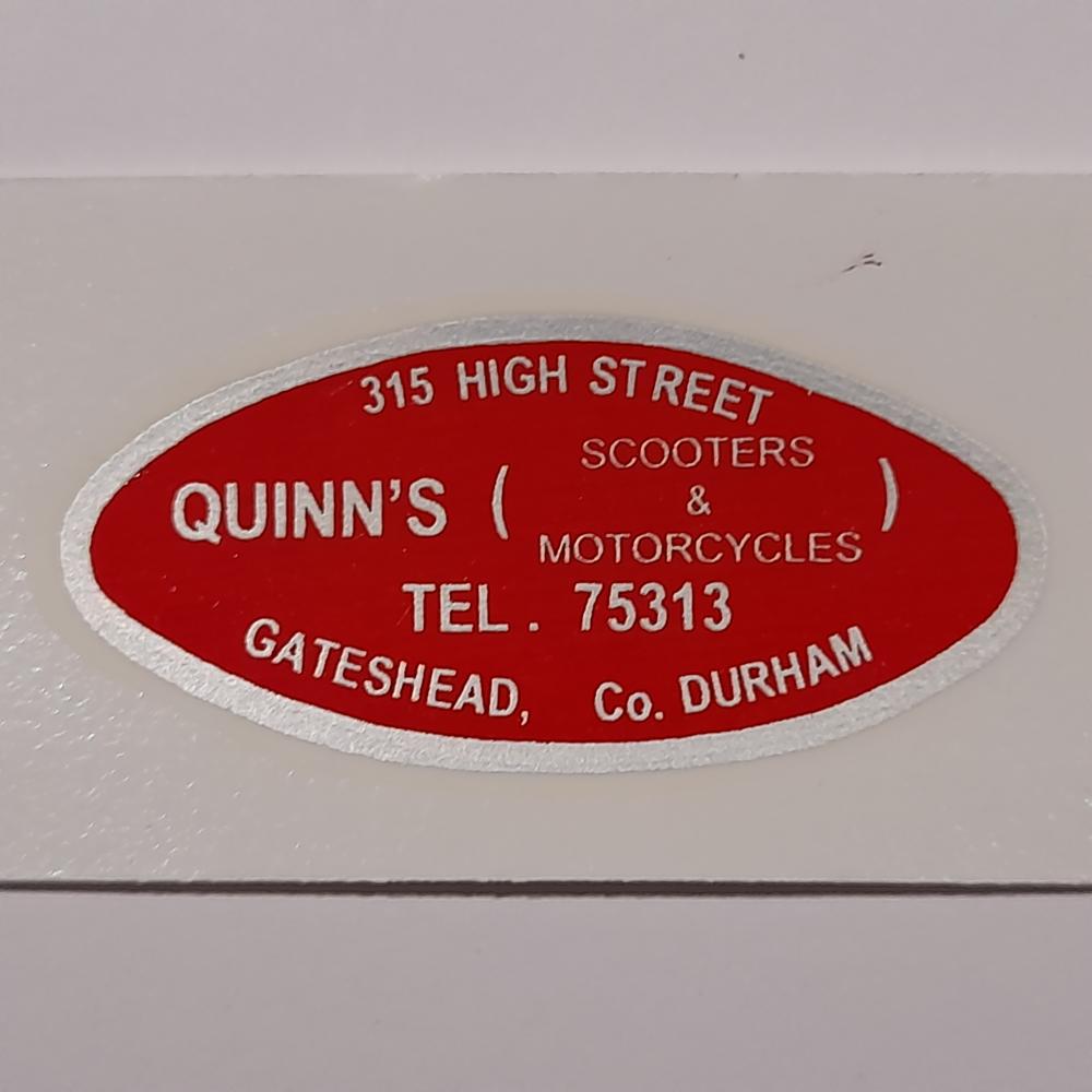 motorcycle, waterslide transfer, dealer decals, Quinn's, Gateshead