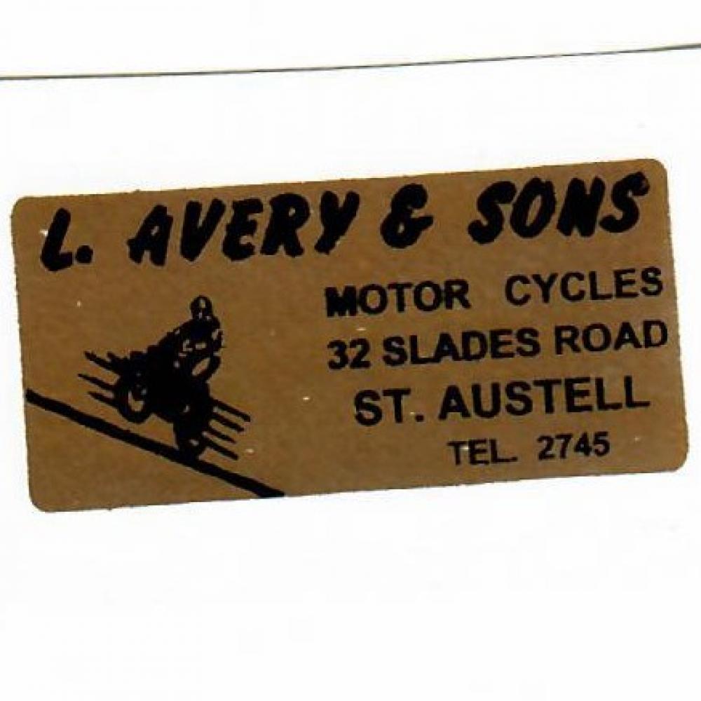 Motorcycle, waterslide transfer, dealer decals, L. Avery & Sons Motorcycles, St. Austell