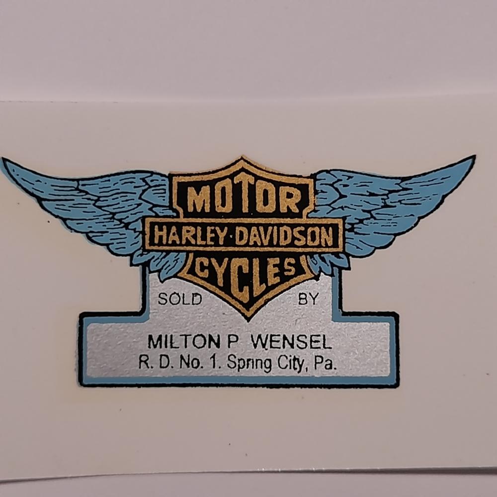 Motorcycle, waterslide transfer, dealer decals, Harley Davidson Motorcycles,Milton P Wensel PA 