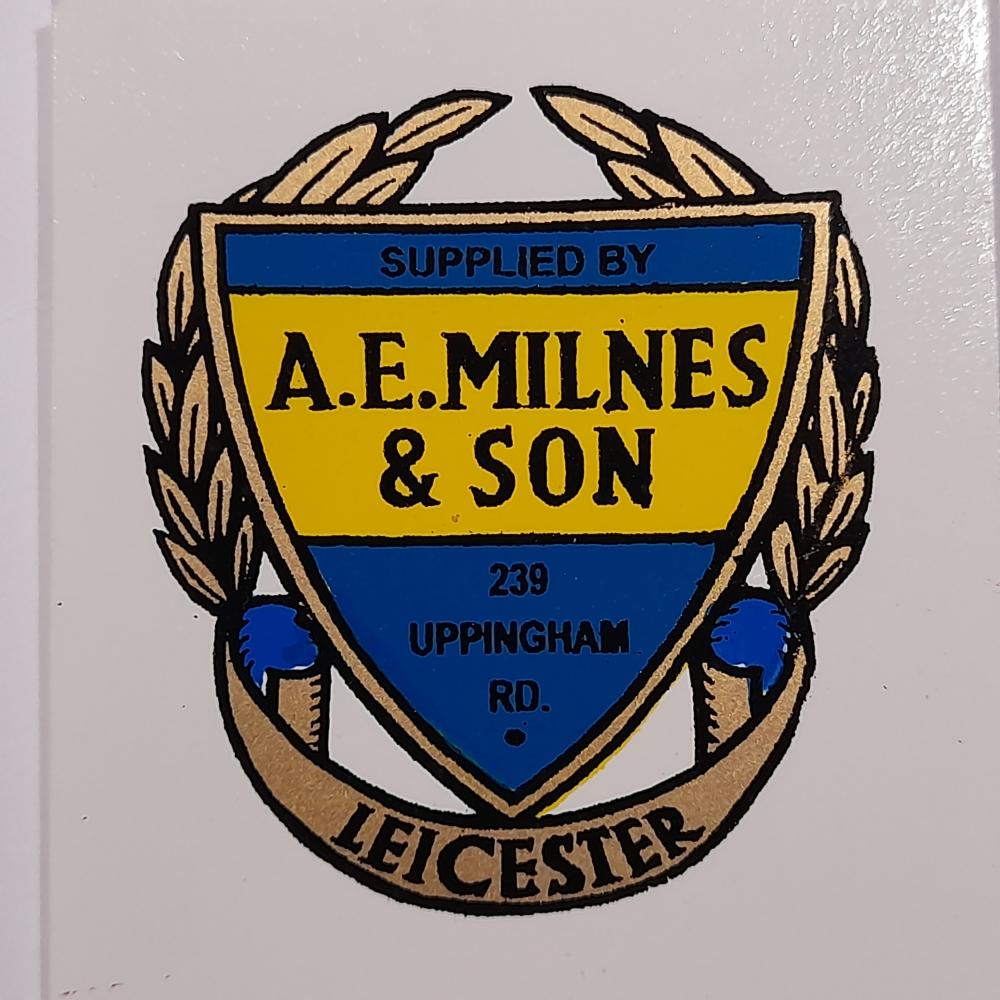motorcycle, waterslide transfer, dealer decals, A. E. Milnes & Son, Leicester