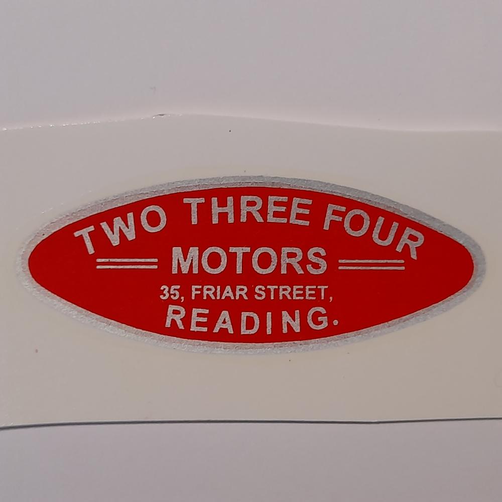 Motorcycle, waterslide transfer, dealer decals, Two Three Four Motors, Reading 