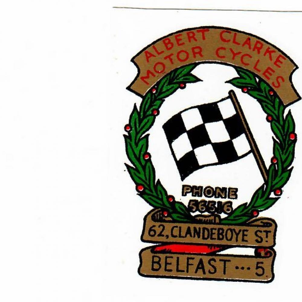 Motorcycle, waterslide transfer, dealer decals, Albert Clarke Motorcycles, Belfast