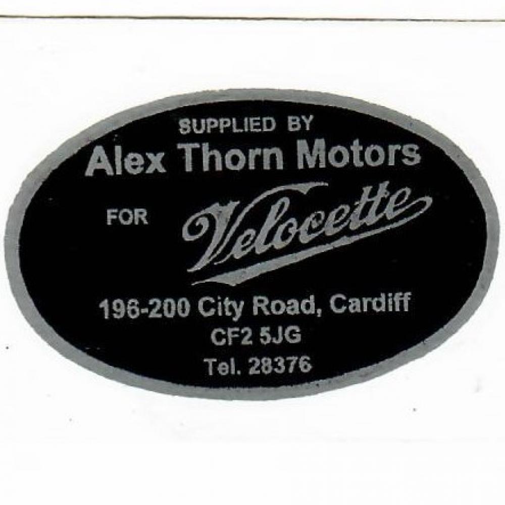 Motorcycle, waterslide transfer, dealer decals, Alex Thorn Motors for Velocette, Cardiff