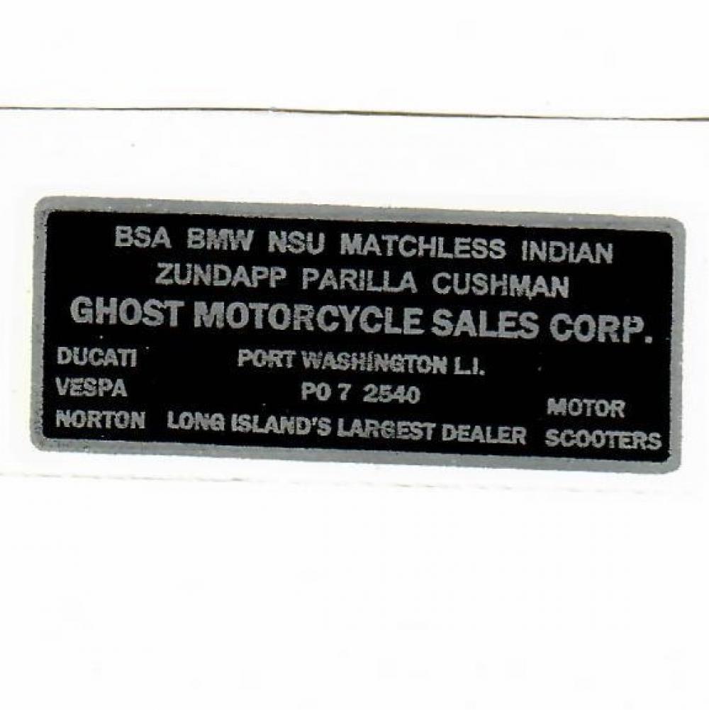 Motorcycle, waterslide transfer, dealer decals, Ghost Motorcycle Sales Corp., Long Island