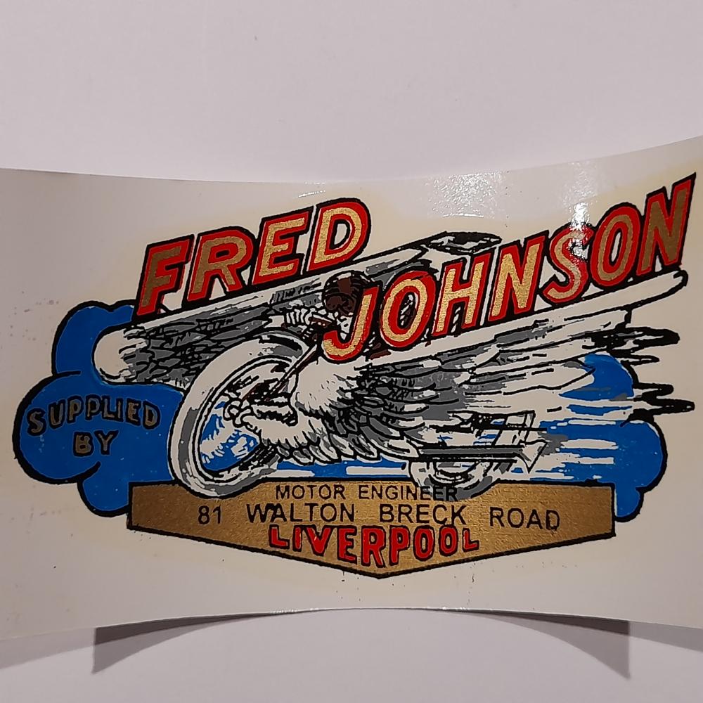 motorcycle, waterslide transfer, dealer decals, Fred Johnson, Liverpool
