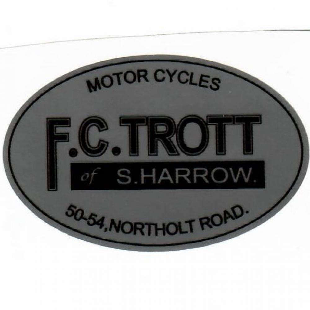 Motorcycle, waterslide transfer, dealer decals, F. C. Trott of S. Harrow