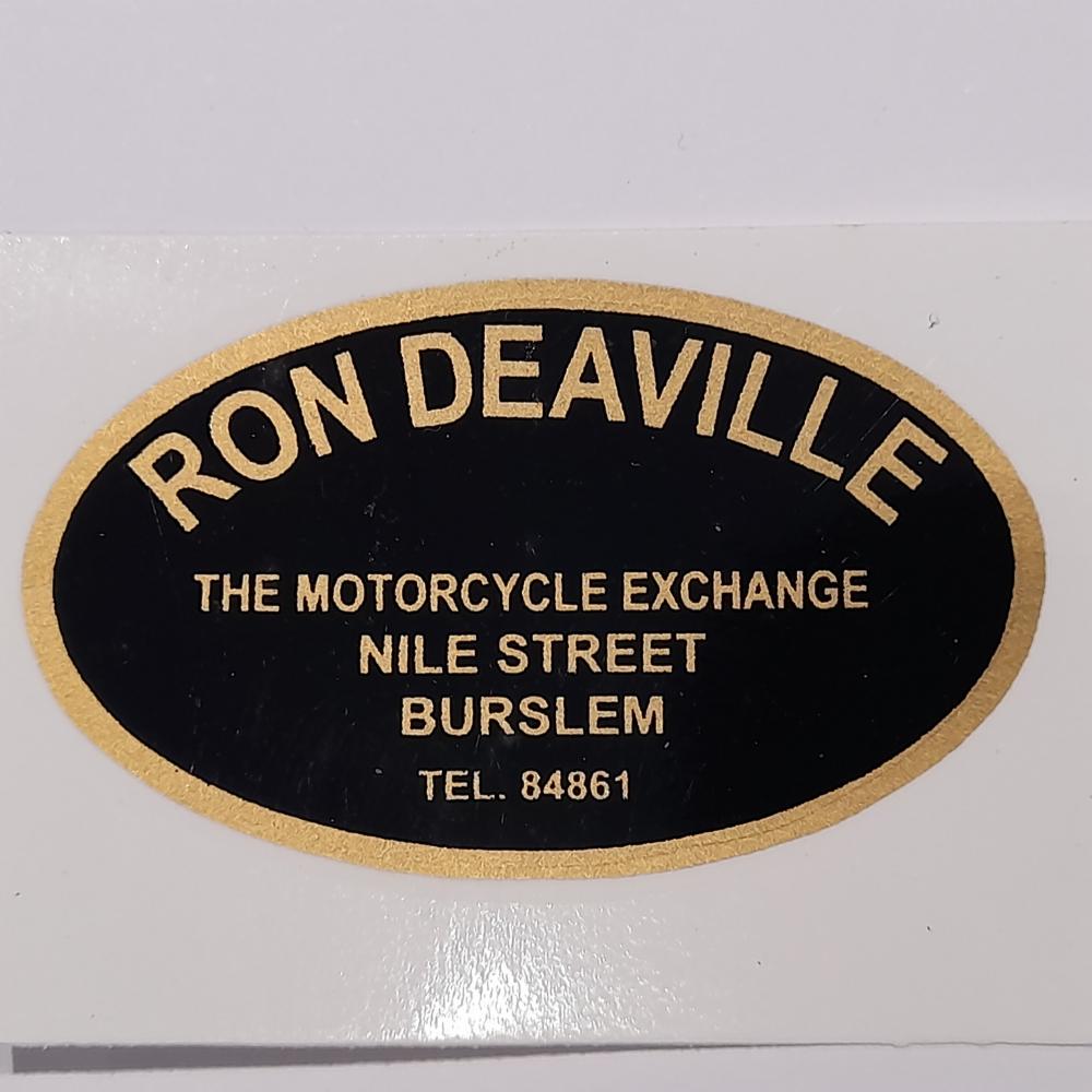 Motorcycle, waterslide transfer, dealer decals, Ron Deaville, Burslem 