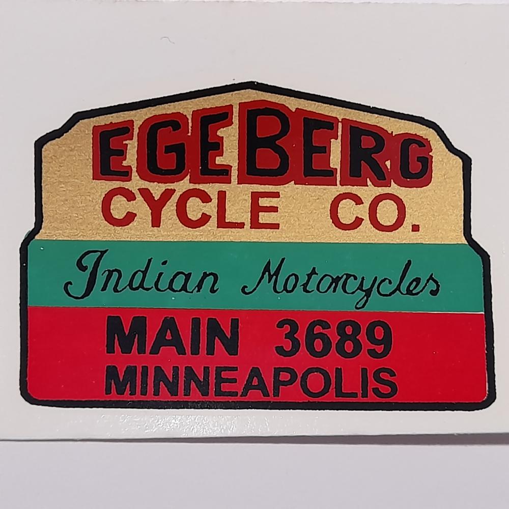 Motorcycle, waterslide transfer, dealer decals, Egeberg Cycle co, Minneapolis 