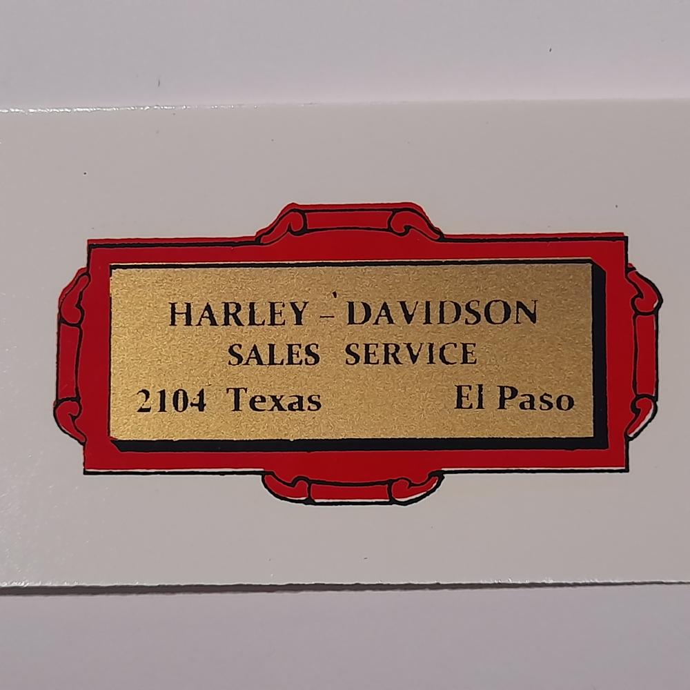 motorcycle, waterslide transfer, dealer decals, Harley Davidson, El Paso Texas 