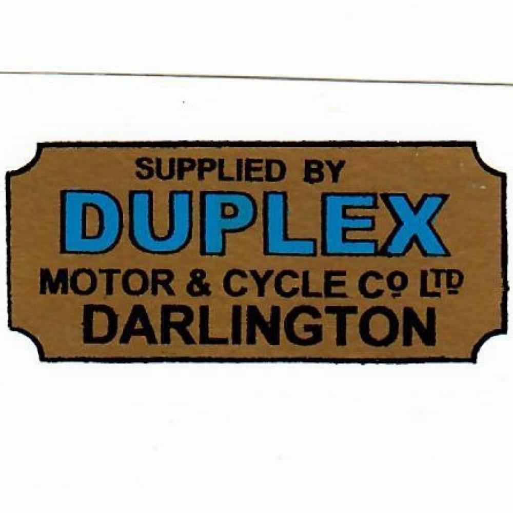 Motorcycle, waterslide transfer, dealer decals, Duplex Motor & Cycle Co. Ltd., Darlington