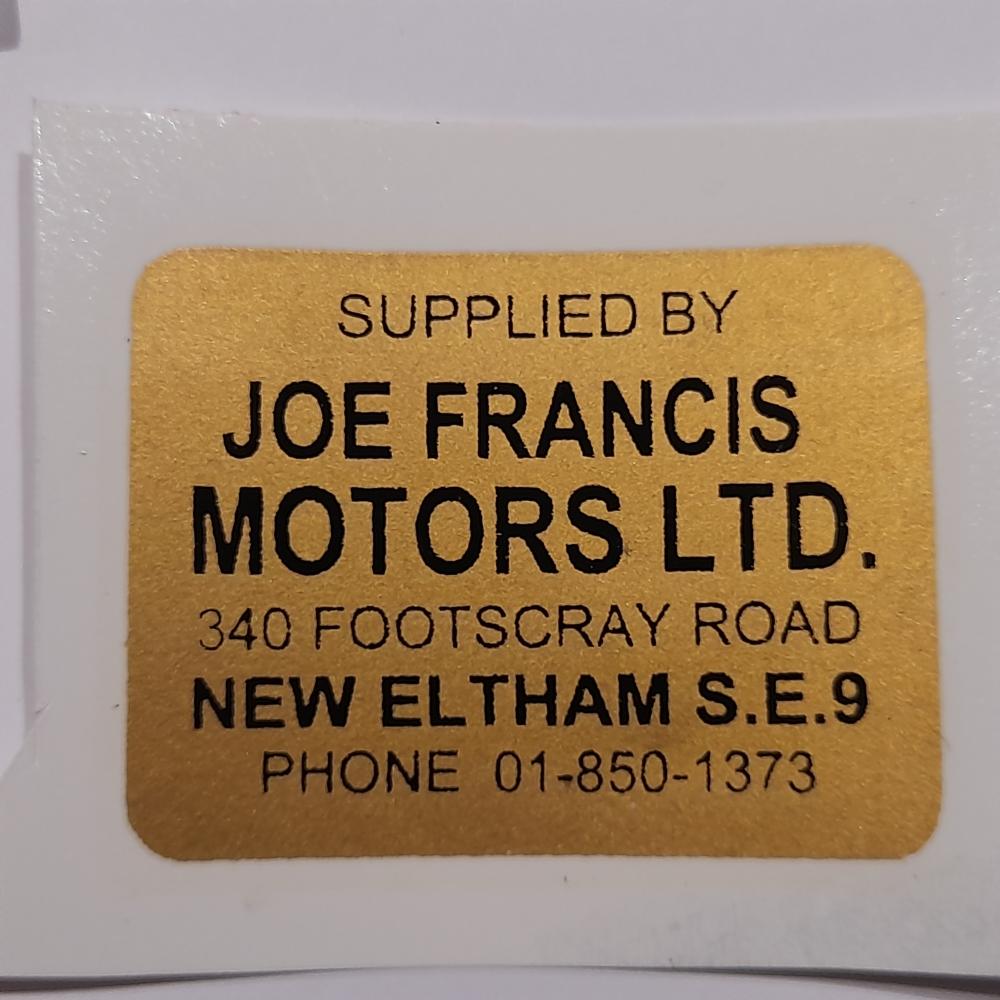 motorcycle, waterslide transfer, dealer decals, Joe Francis Motors Ltd, New Eltham