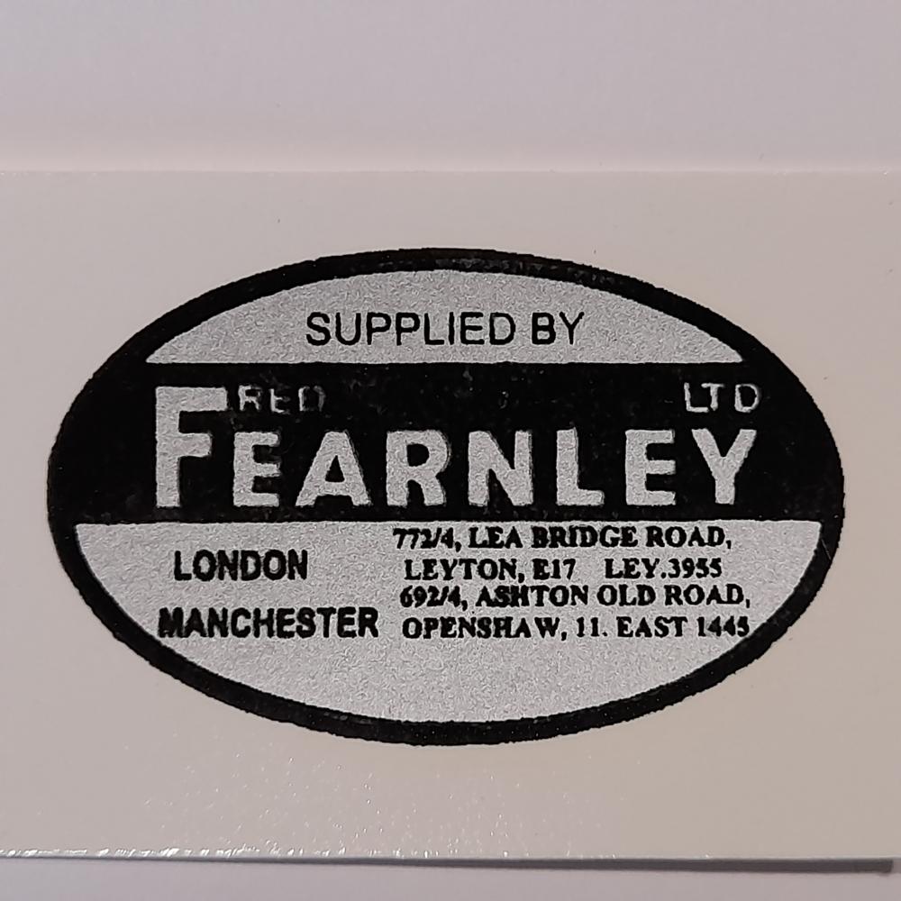 Motorcycle, waterslide transfer, dealer decals, Fred Fearnley Ltd, London & Manchester 