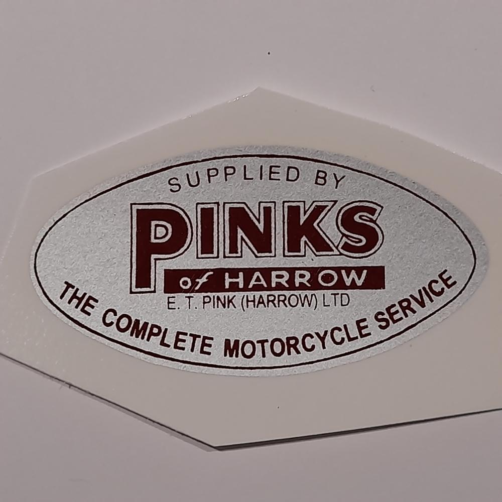 Motorcycle, waterslide transfer, dealer decals, Pinks of Harrow 