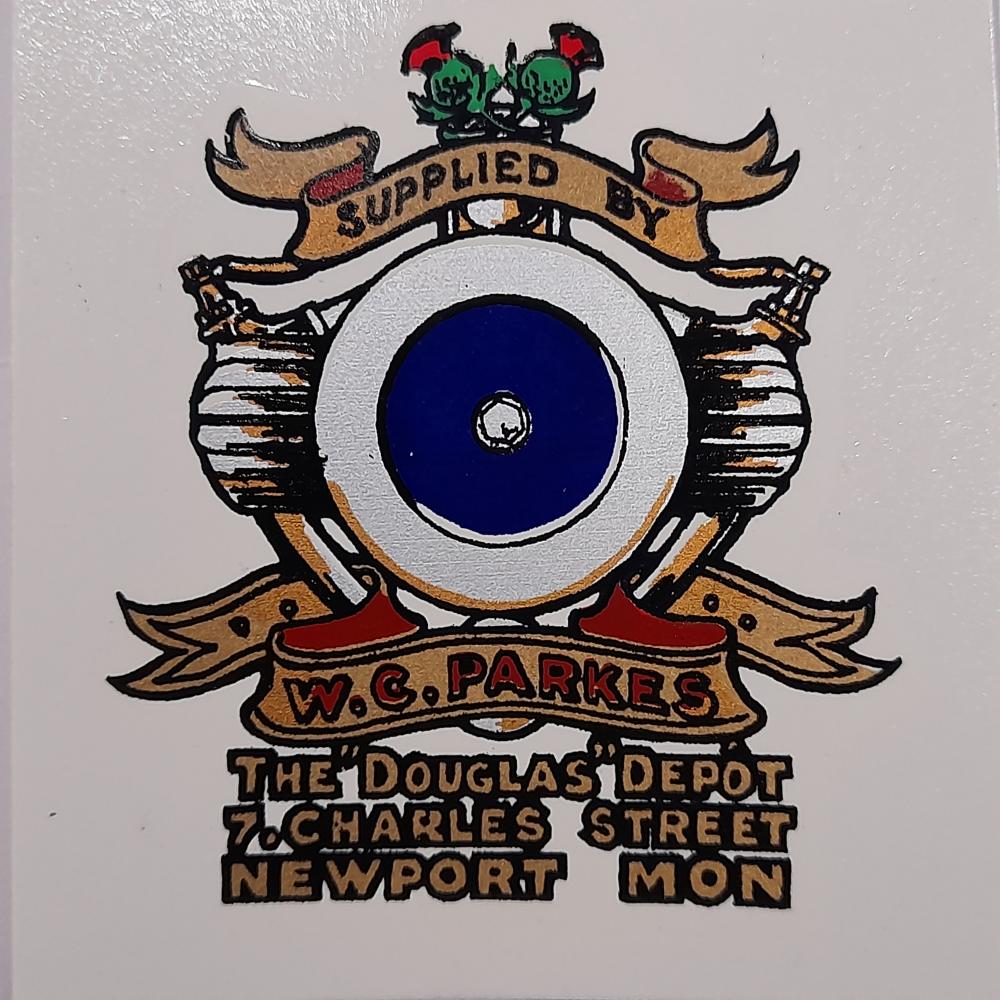 motorcycle, waterslide transfer, dealer decals, W. C. Parkeds, Newport Mon