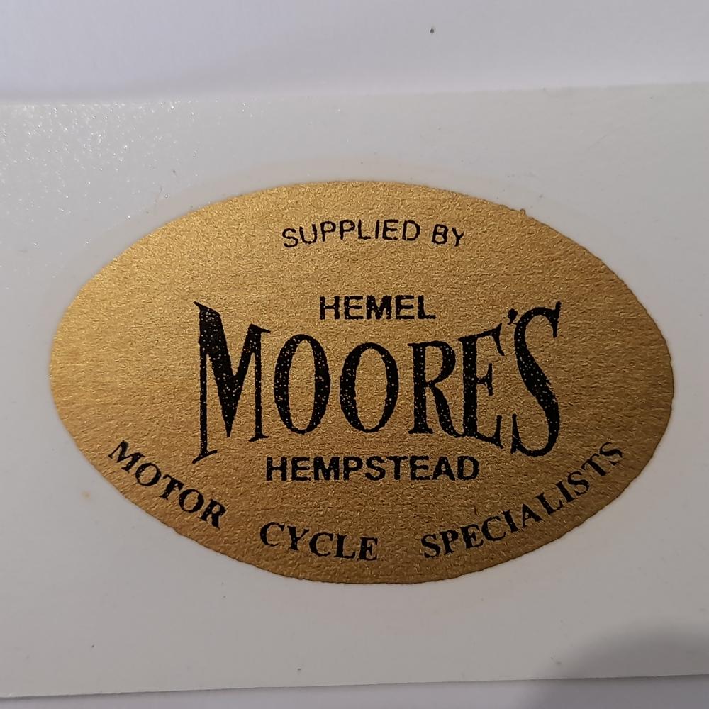 Motorcycle, waterslide transfer, dealer decals, Moore's Hemel Hempstead