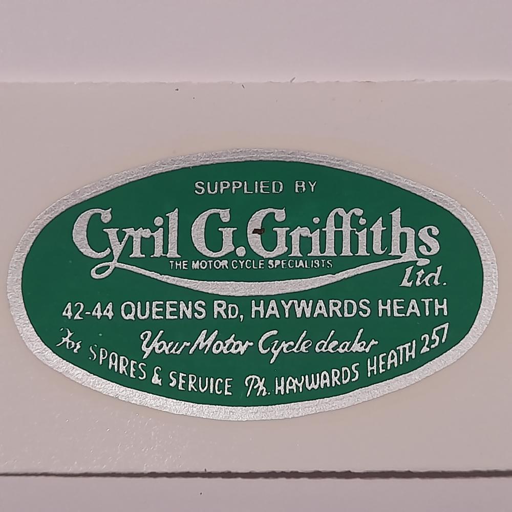 Motorcycle, waterslide transfer, dealer decals, Cyril G Griffiths, Haywards Heath 