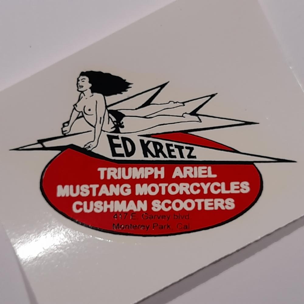 Motorcycle, waterslide transfer, dealer decals, Ed Kertz, Monterey Park California 