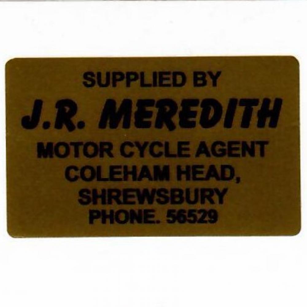 Motorcycle, waterslide transfer, dealer decals, J. R. Meredith, Shrewsbury