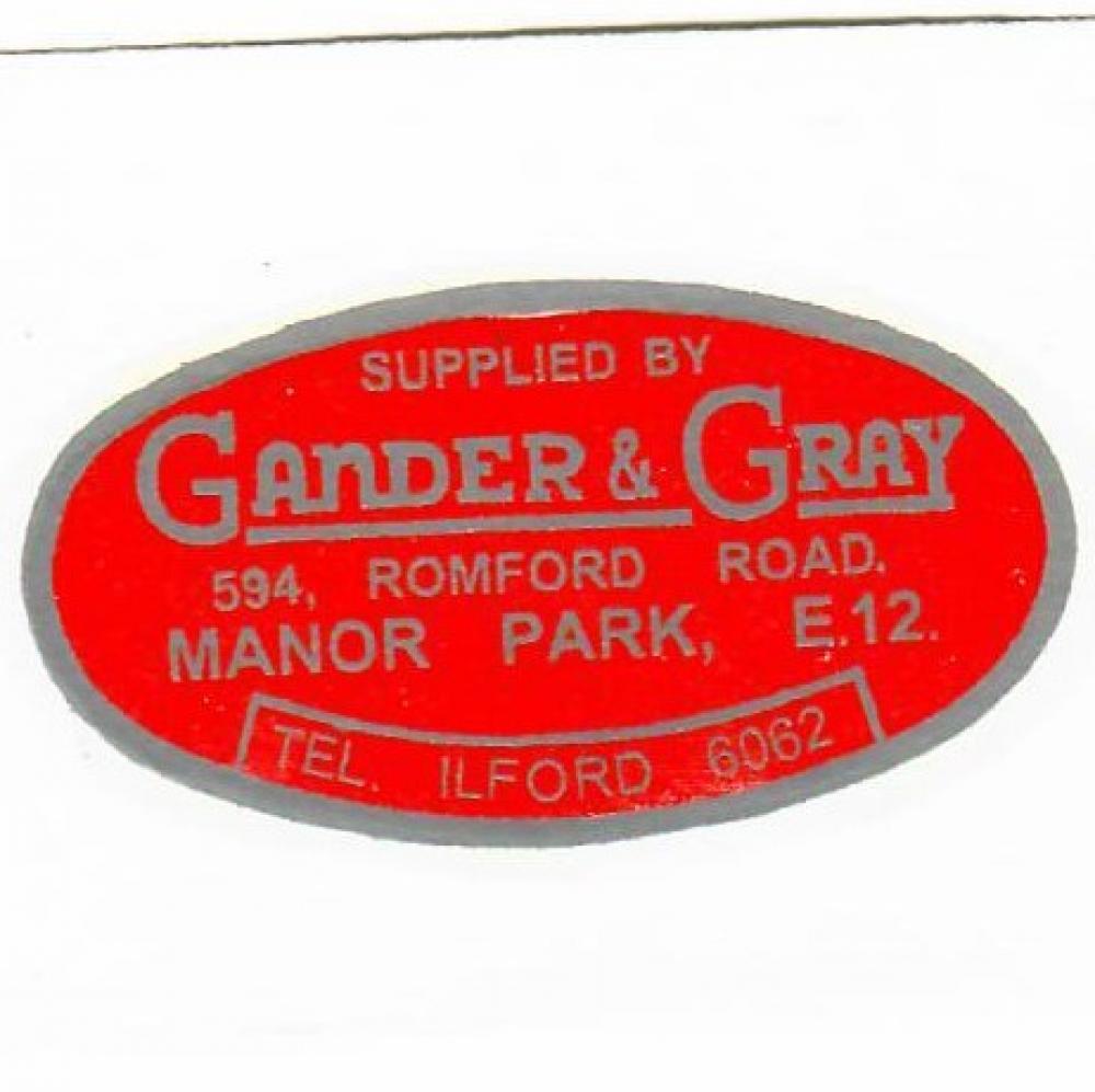 Motorcycle, waterslide transfer, dealer decals, Gander & Gray, Ilford