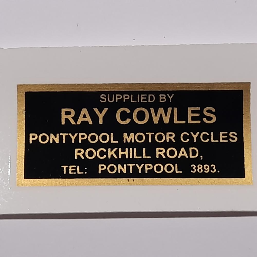motorcycle, waterslide transfer, dealer decals, Ray Cowles,Pontypool