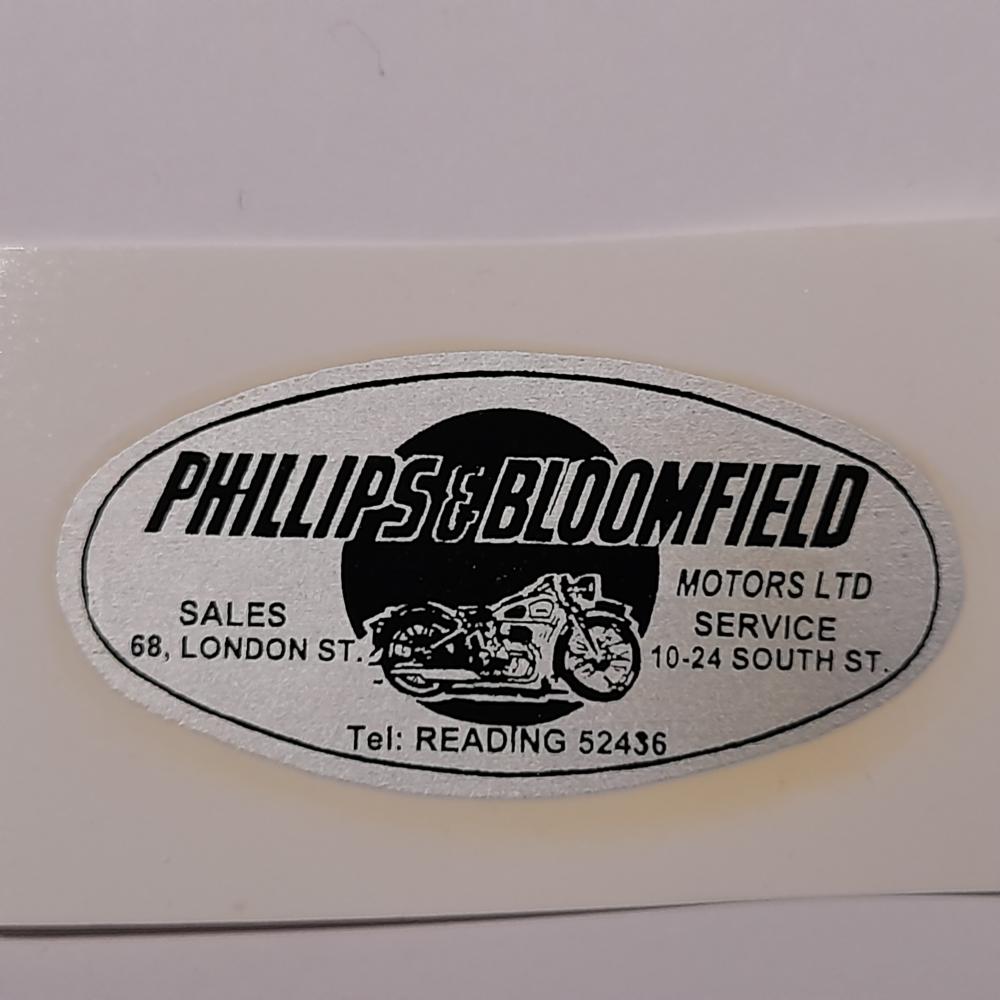 motorcycle, waterslide transfer, dealer decals, Phillips & Bloomfield, Reading