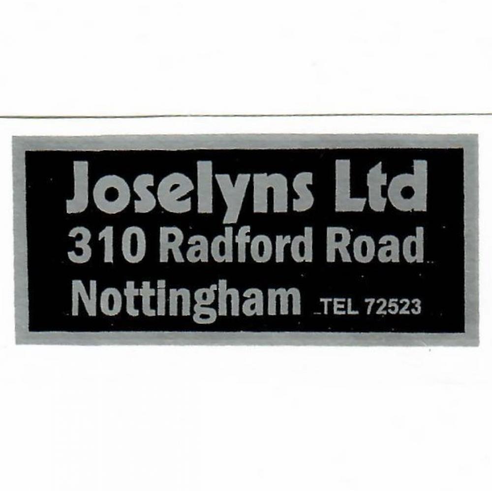 Motorcycle, waterslide transfer, dealer decals, Joselyns Ltd., Nottingham