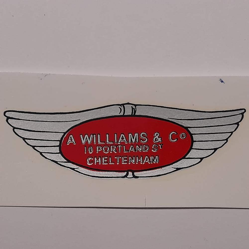 motorcycle, waterslide transfer, dealer decals, A Williams & Co, Cheltenham