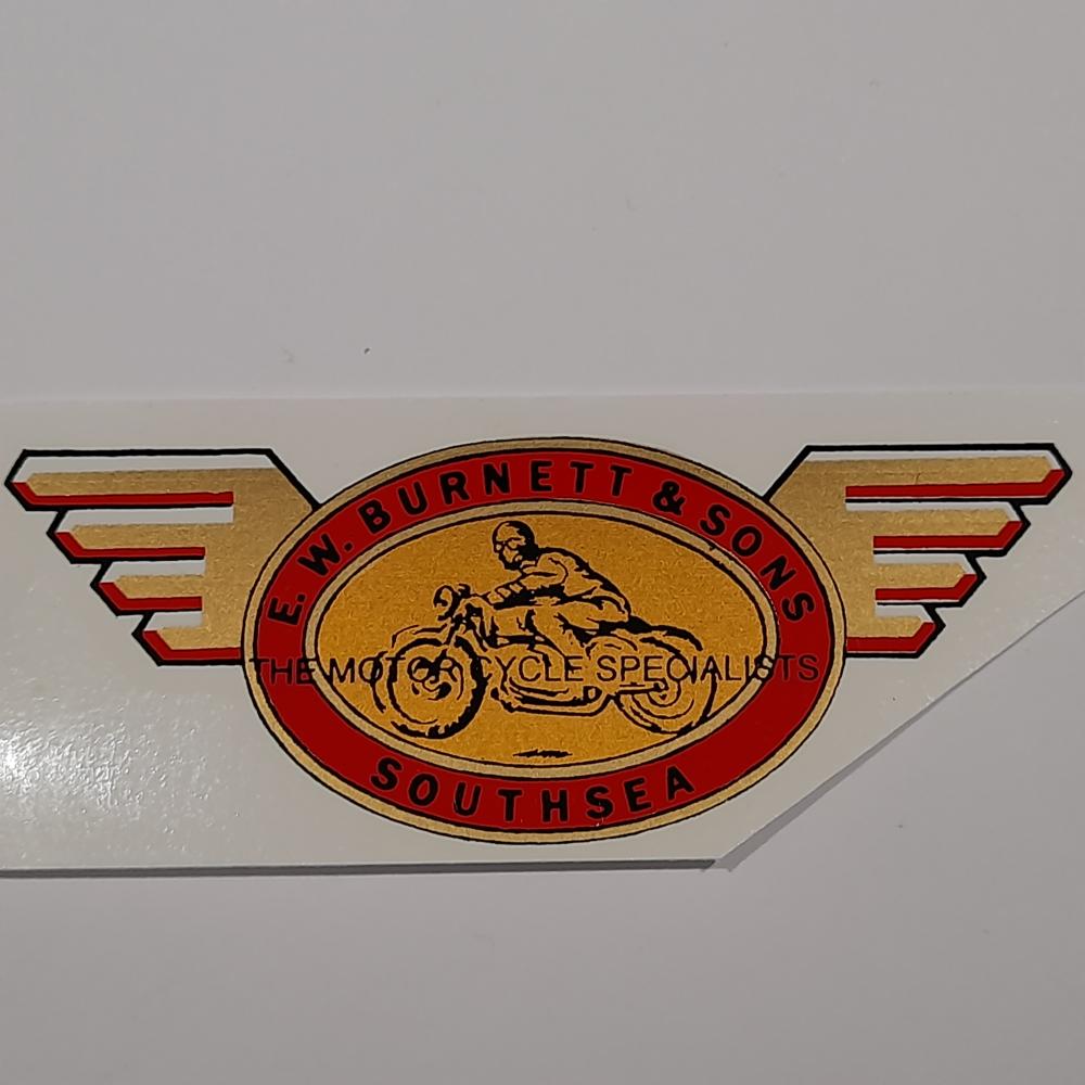 Motorcycle, waterslide transfer, dealer decals, E W Burnett & sons Southsea