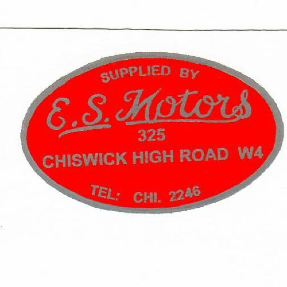 Motorcycle, waterslide transfer, dealer decals, E. S. Motors, Chiswick